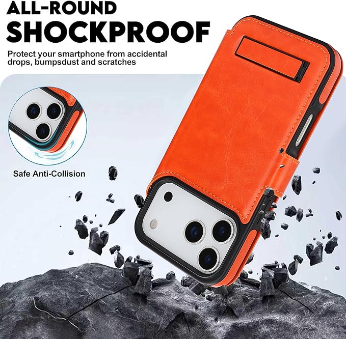 CIVICASE for iPhone 17 Pro Wallet Case with Stand,PU Leather Flip Credit Card Holder Slots (RFID Blocking),Compatible with Magsafe Magnetic Holder Phone Cover Women Men,Orange