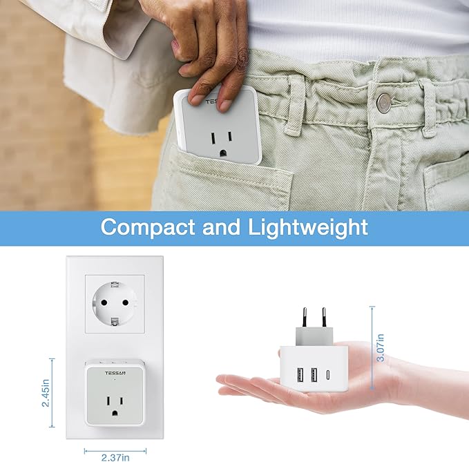 TESSAN All European UK Travel Plug Adapter Kit, International Detachable with 3 Outlet 3 USB Charger (1 USB C), Type C/G/E/F EU Ireland Power Adaptor, US to Europe Italy Spain France Greece