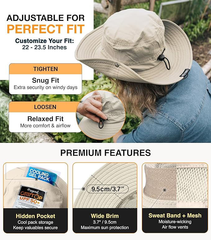 GearTOP Safari Hat for Men Sun Hats for Women UV Protection UPF 50+ Fishing, Gardening, Hiking Hat (22-23 1/2")