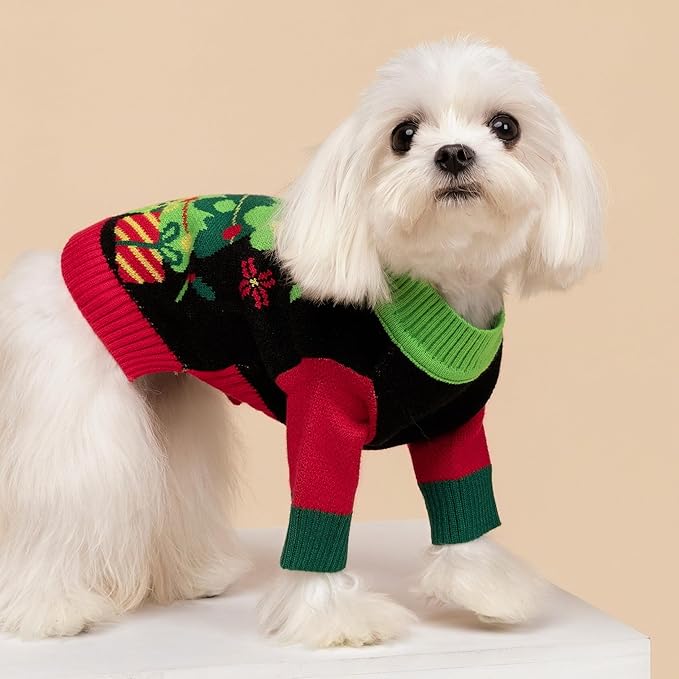 Fitwarm Cozy Dog Christmas Sweater, Thermal Winter Clothes for Small Dogs, Boy & Girl, Holiday Pet Apparel, Black, Red, Green, Yellow, XS