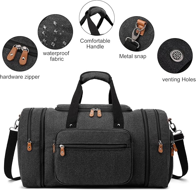 Duffle Bag for Travel, 40L Canvas Travel Duffel Bag With Shoe Compartment And Toiletry Bag, Overnight Weekender Carry On Luggage Bag for Men & Women (Black)