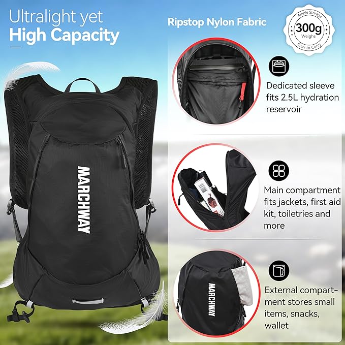 MARCHWAY Ultralight Hydration Backpack with 3L TPU Water Bladder, Sleek High-Capacity Day Pack for Cycling, Hiking, Running, Backpacking, Travel