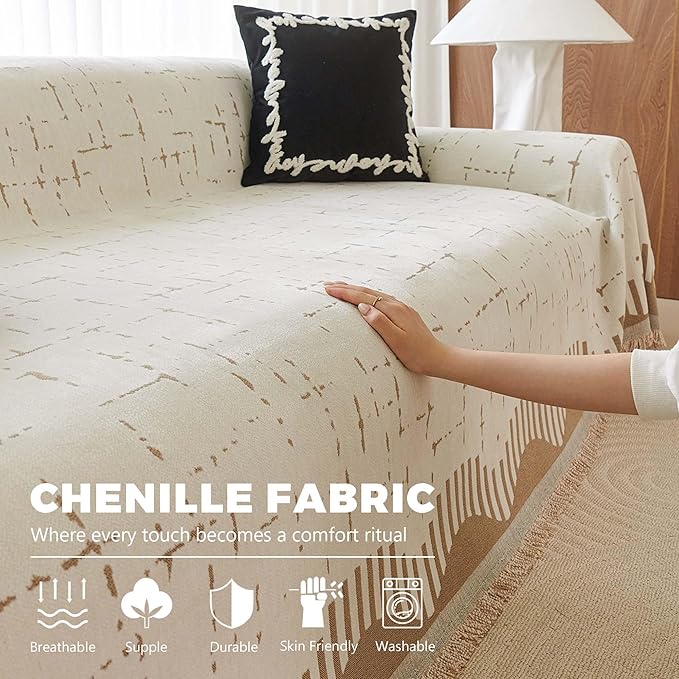 Couch Cover for 3 Cushion Sofa Pet Friendly Furniture Covers, Chenille Sofa Covers Washable L Shape, Boho Couch Blanket Cover with Tassel Decoration, 71"x 134", Light Brown