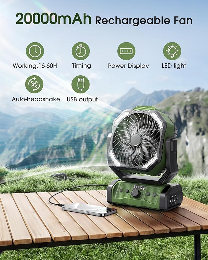 Portable Camping Fan Rechargeable - 20000mAh Cordless Battery Powered Tent Fans with LED Lantern, Remote Auto Oscillating USB C Table Operated Ventilador for Travel Outdoor Beach