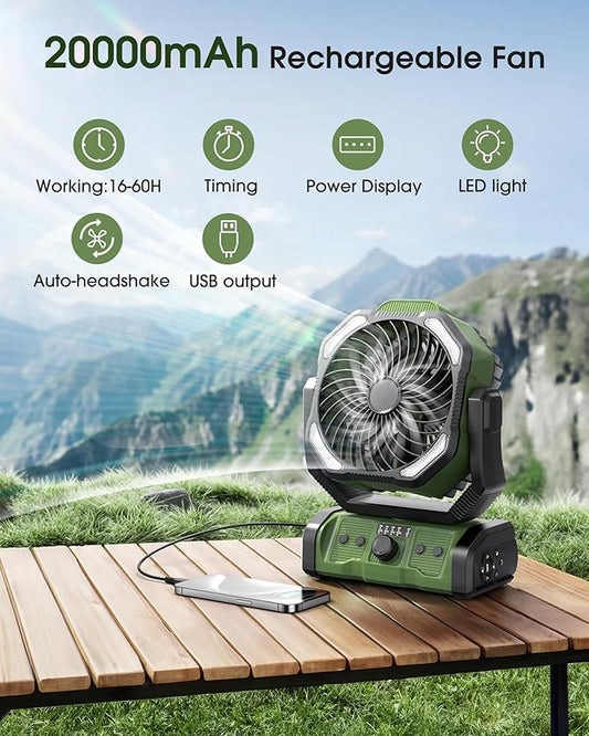 Portable Camping Fan Rechargeable - 20000mAh Cordless Battery Powered Tent Fans with LED Lantern, Remote Auto Oscillating USB C Table Operated Ventilador for Travel Outdoor Beach