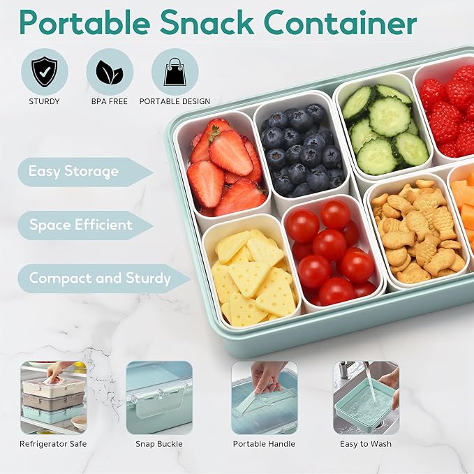 Snackle Box Container for Adults, 11 in 1 Divided Serving Tray Snack Box Containers with Stackable Compartment and Handle, Customizable Charcuterie Boxes Portable Snack Platter for Party Travel, Green