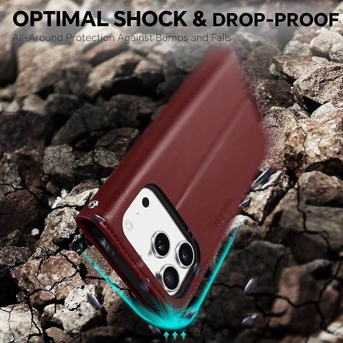 TUCCH Detachable Case Wallet for iPhone 17 Pro (6.3") 2025, Wrist Strap | 4 Card Holders RFID Blocking | Wireless Charging | Stand | 2-in-1 Magnetic | PU Leather | Shockproof Folio Cover | Dark Red