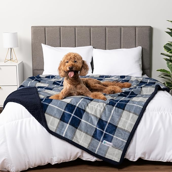 PetAmi Waterproof Dog Blanket for Medium Large Dog Puppy Cat Throw for Couch Cover Leakproof Protection, Sherpa Fleece, Reversible Soft Washable 60x40 Plaid Navy Blue