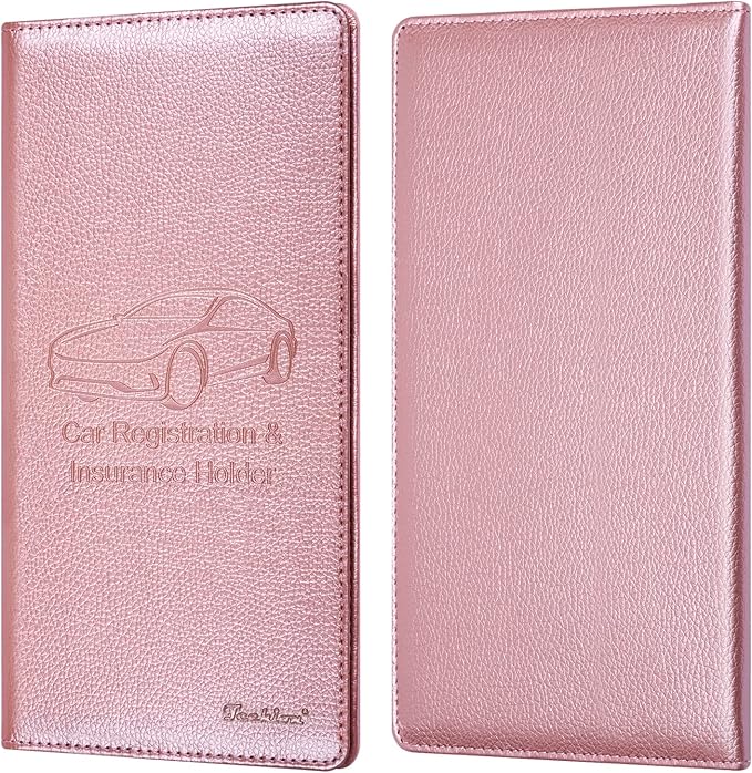 Car Insurance and Registration Holder, 9.5 x 5 Inch PU Leather Vehicle Glove Box Organizer Wallet Case for Insurance Card, Driver License, Paperwork - Rose Gold