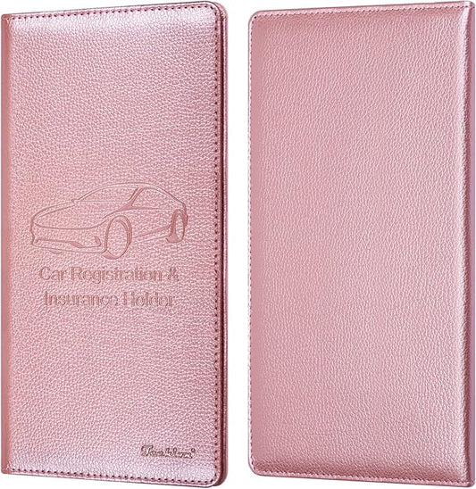 Car Insurance and Registration Holder, 9.5 x 5 Inch PU Leather Vehicle Glove Box Organizer Wallet Case for Insurance Card, Driver License, Paperwork - Rose Gold