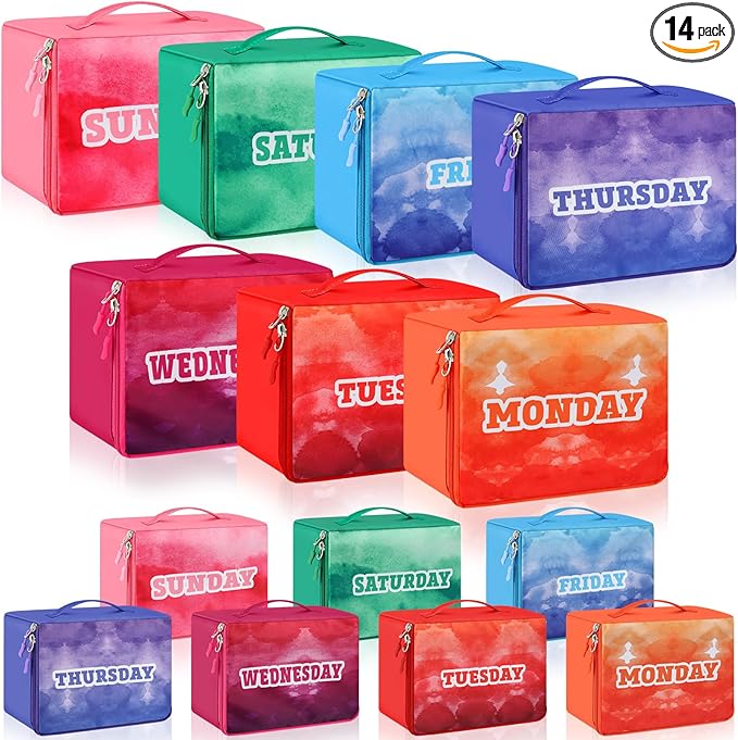 Paterr 14 Pcs Packing Cubes for Travel Kids Days of Week Compression Packing Cubes Colorful Luggage Organizers Suitcase Camp(9 x 7 x 3 Inch)