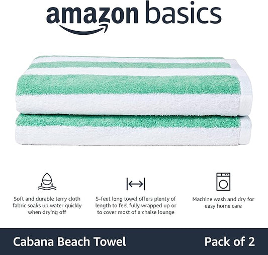 Amazon Basics 100% Cotton Terry Cabana Stripe Pool & Beach Towel, Soft & Absorbent, Quick Drying, Large, 2-Pack, Green, 30" x 60"
