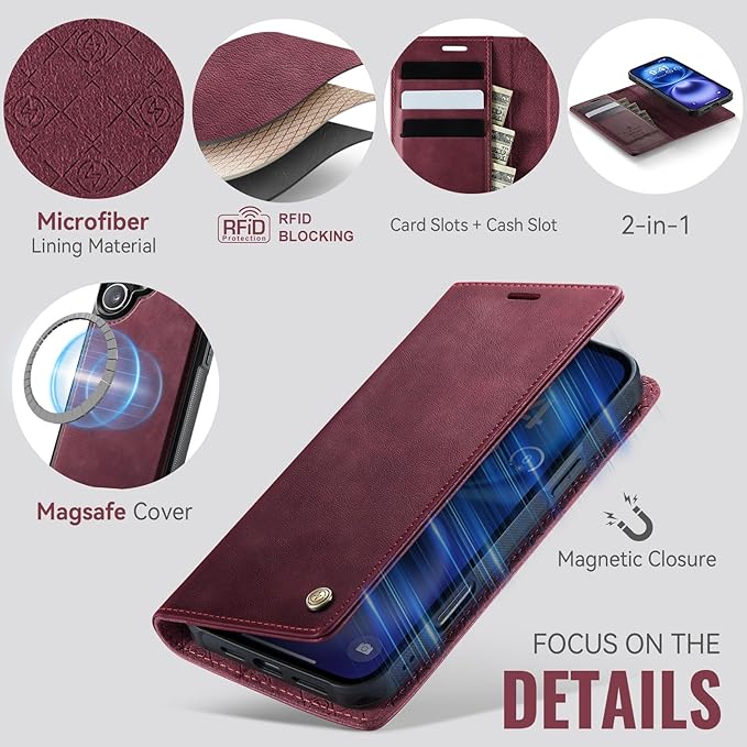 PlusnapX Wallet Case for iPhone 17 Compatible with Magsafe, 2-in-1 PU Leather Flip RFID Blocking Card Holder Stand Shockproof Magnetic Detachable Case for iPhone 17 Case 6.3", Burgundy