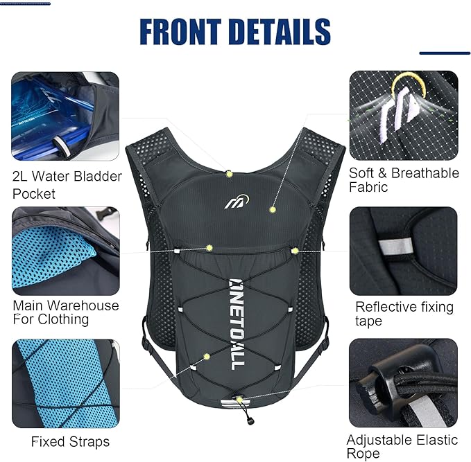 Running Vest for Women & Men, 6L Hydration Backpack with 2L Water Bladder, Lightweight Water Backpack for Trail Running, Marathon, Hiking, Cycling, Jogging, Adjustable Fit