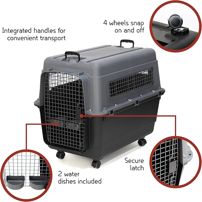 SportPet Airline Approved Wire Door Travel Dog Crate, Durable Plastic Pet Travel Kennel with Removable Wheels,Collapsible, Food Bowls & Accessories,Fits Dogs up to 32" L & 24" H - X-Large -Gray/Black