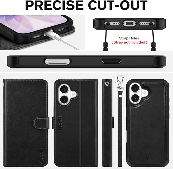 TUCCH 2-in-1 Detachable Wallet Case for iPhone 17 (6.3-inch) 2025, Wireless Charging | RFID Blocking 4 Card Holders | Wrist Strap | Kickstand | Magnetic | PU Leather | Protective Flip Cover | Black