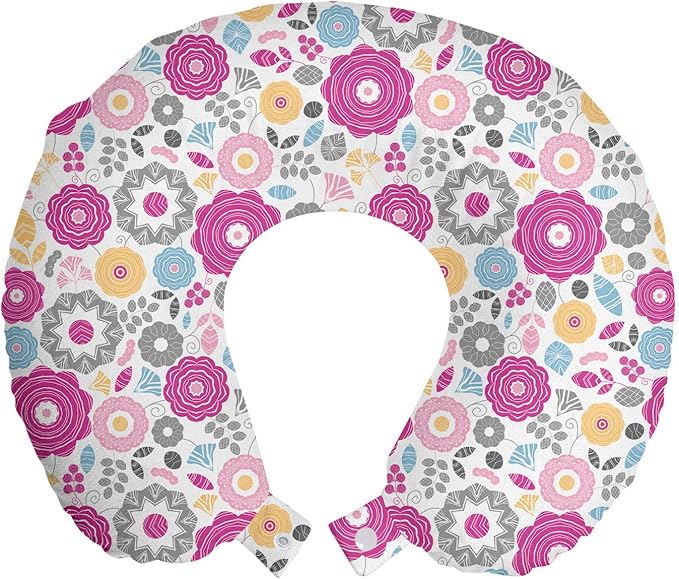 Ambesonne Spring Travel Pillow Neck Rest, Geometric Flower Petals Lily Dahlia Blooms and Leaves Botany Pattern, Memory Foam Traveling Accessory for Airplane and Car, 12", Purple Grey