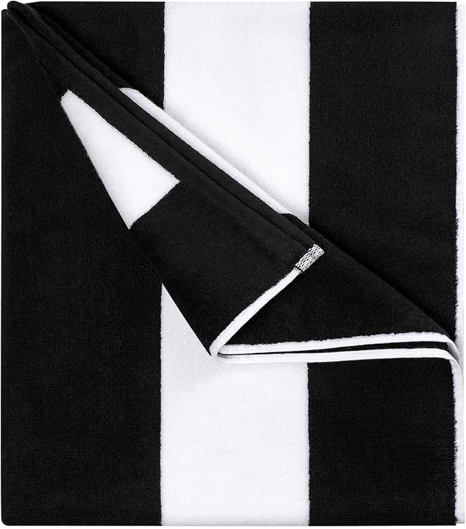 Cotton Oversized Beach Towel - 40 x70 Inch Extra Large Striped Pool Towel, Big Soft Terry Cloth Black Cabana Swim Towel