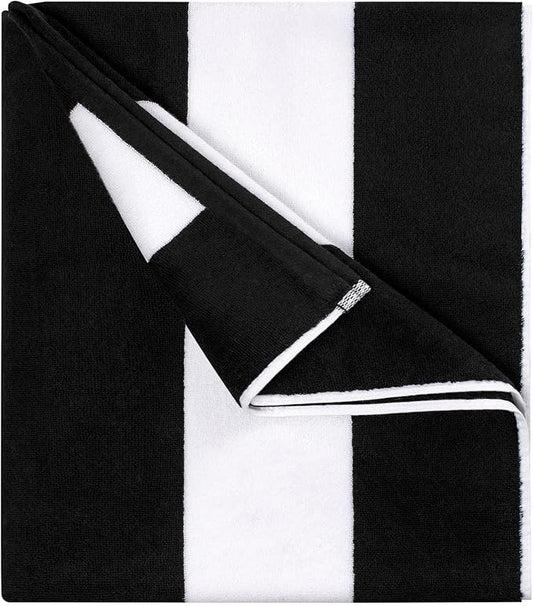 Cotton Oversized Beach Towel - 40 x70 Inch Extra Large Striped Pool Towel, Big Soft Terry Cloth Black Cabana Swim Towel