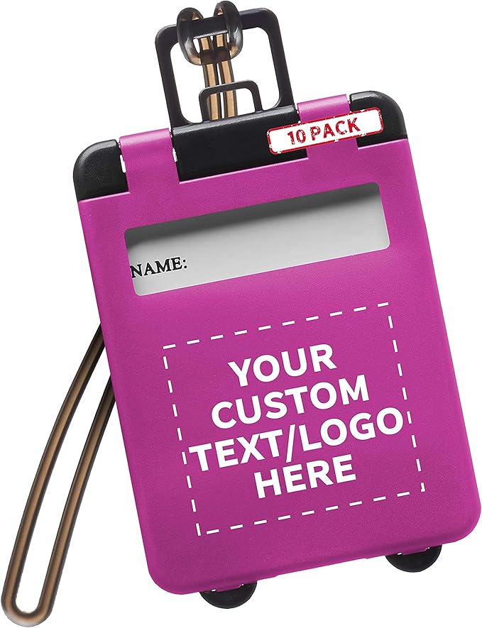10 Mini Carry-on Luggage Tags Pack - Customizable Text, Logo - Flip Open Cover, ID Sticker - Purple