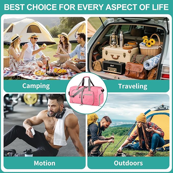 Dimayar 65L Travel Duffle Bag for Men Women - Foldable Duffel Bag with Shoes Compartment - Overnight Bags Waterproof & Tear Resistant(Pink)