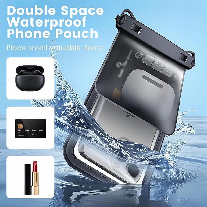Double Space Waterproof Phone Pouch, 2 Pack Waterproof Phone Case with Lanyard for iPhone 16 15 Pro Max Galaxy S23 Pixel 7a up to 8.5’’, Cellphone Dry Bag for Beach Vacation Travel Cruise Essentials