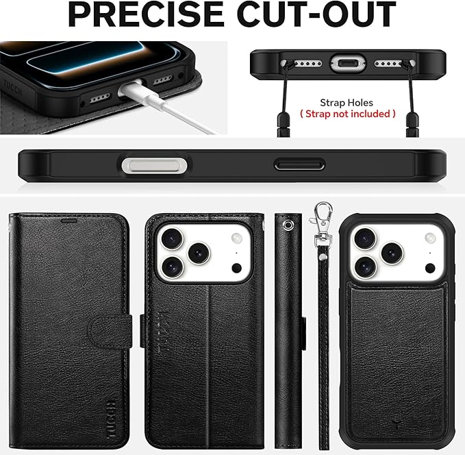 TUCCH Detachable Case Wallet for iPhone 17 Pro (6.3") 2025, Removable Wrist Strap, Wireless Charging, Stand, 4 Card Slots RFID Blocking, 2-in-1 Magnetic, PU Leather, Shockproof Cover, Textured Black