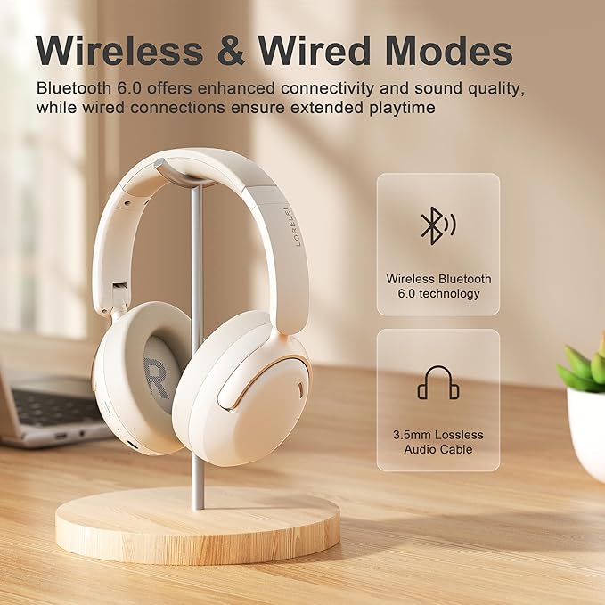 LORELEI Q30 Bluetooth Headphones Over Ear,60H Playtime & 3 EQ Music Modes,BT6.0 Headphones Wireless with Mic,Foldable Lightweight Headsets,HiFi Stereo Deep Bass for Home Travel iPad Tablet-Beige White