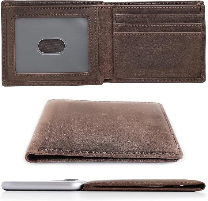 LnxLtw Bifold Travel Wallets for Mens Slim RFID Blocking | Compact Front Pocket Thin Genuine Leather Wallet | Minimalist Credit Card Holder with 4 Card Slots and ID Window Gift Box (Dark Brown)
