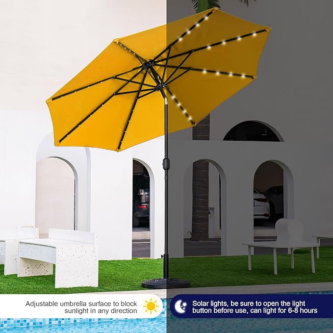 Sundale Outdoor 9FT 32 LED Lighted Patio Umbrella with Solar Powered, Table Market Umbrella with Crank & Push Button Tilt for Garden, Deck, Backyard, Pool, 8 Steel Ribs(Yellow)