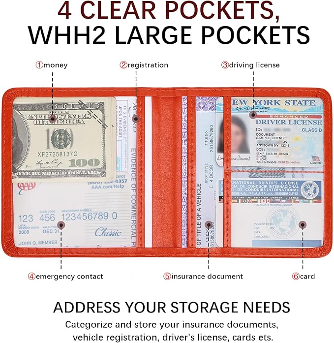 2-Pack Registration and Insurance Card Holder, Vehicle Glove Box Car Organizer with Magnetic Closure, Interior Car Accessories for Documents, Cards, License Storage, Orange