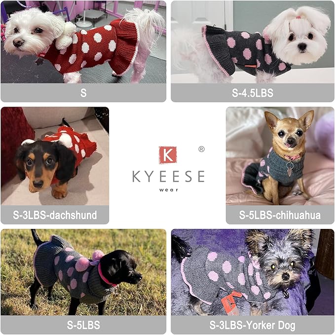 KYEESE Red Dog Sweaters Dress with Leash Hole Polka Dot for Girl Dog Sweater Knit Warm Doggie Sweaters with Pom Pom Ball for Fall Winter