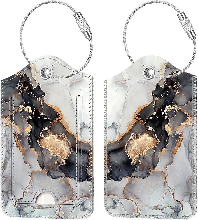 Fintie Luggage Tags, Privacy Cover ID Label with Stainless Steel Loop and Address Card for Travel Bag Suitcase - Cloudy Marble (2 Piece)