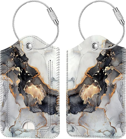 Fintie Luggage Tags, Privacy Cover ID Label with Stainless Steel Loop and Address Card for Travel Bag Suitcase - Cloudy Marble (2 Piece)