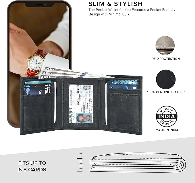 Tri fold Leather Wallet for Men with RFID | Slim Wallets for Men with 1 ID and 6 Credit card slots | Front Pocket Minimalist