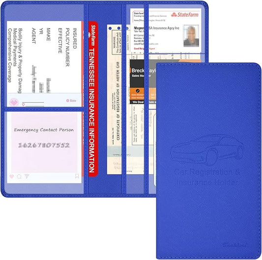 Car Insurance and Registration Holder, 9.5 x 5 Inch PU Leather Vehicle Glove Box Organizer Wallet Case for Insurance Card, Driver License, Paperwork - Blue