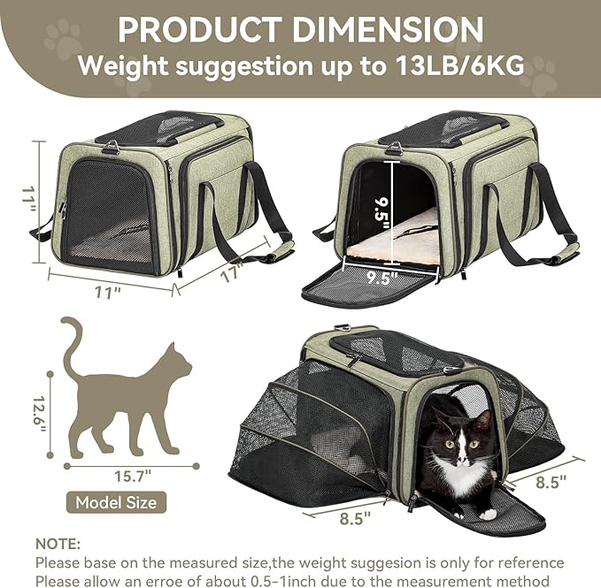 Petsfit Expandable Cat Dog Carrier Airline Approved, 17" L x 11" W x 11" H Soft-Sided Portable Pet Travel Carrier for Kitten, Puppy, Removable Soft Plush Mat and Pockets, Auto-Locking Zippers
