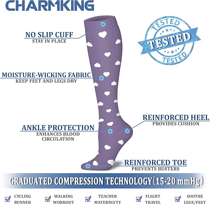 CHARMKING Compression Socks for Women & Men Circulation (8 Pairs) 15-20 mmHg is Best Support for Athletic Running,Cycling