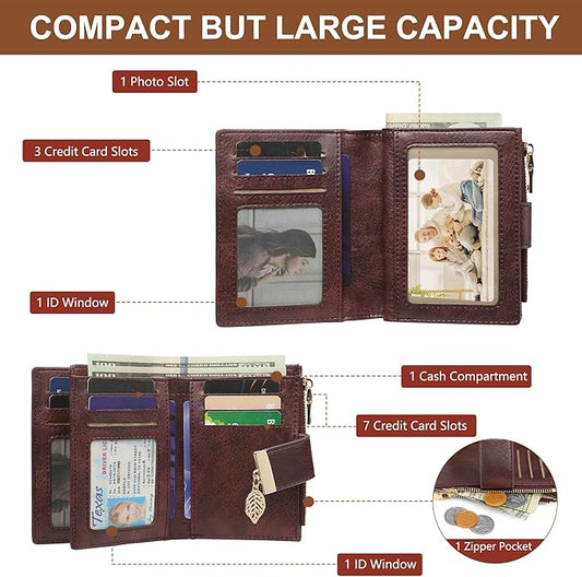 yiijay Small Wallet Women RFID Blocking Leather Bifold Wallet Credit Card Holder for Women Ladies Compact Wallet Mini Purse With Zipper Pocket