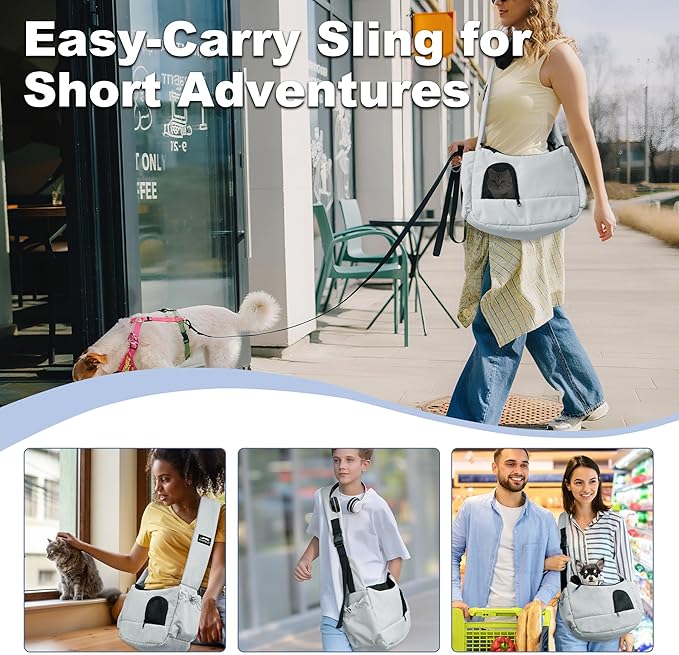 Dog Sling, Dog Carriers for Small Dogs up to 7 lbs Kitten and Puppy, Breathable Cat Carrier Sling Pet Purse with Pockets, Hands-Free Pet Carrier with Safety Harness for Travel, Gray