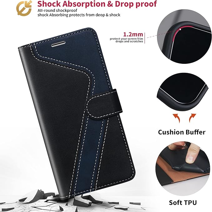 CIVICASE for iPhone 12 Pro Max Wallet Case,Leather Flip Case [RFID Blocking] Credit Card Holder Folio Magnetic Stand TPU Shockproof Cover Color Matching for iPhone 12 Pro Max (6.7") Black Blue