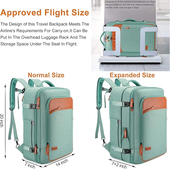Lumesner Carry on Travel Backpacks, Extra Large 40L Flight Approved for Men & Women,Expandable Suitcase backpack (Green (Backpack With 4 Packing Cubes))