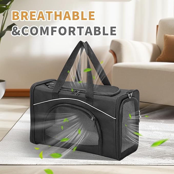Petsfit Airline Approved Pet Carrier for Small Cats, 16.5x8.6x11 TSA Approved Carrier, with Removable Dual-Sided Padding (2-Way Placement) - Fits Under Most Airplane Seats, Escape Proof (Black)
