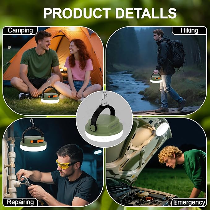 Outdoor Camping lamp Rechargeable lamp, Portable Lighting lamp. Equipped with 6 Brightness Settings, Tent lamp with Hook, Suitable for Power outages, Hiking, and Emergencies. (Army Green)
