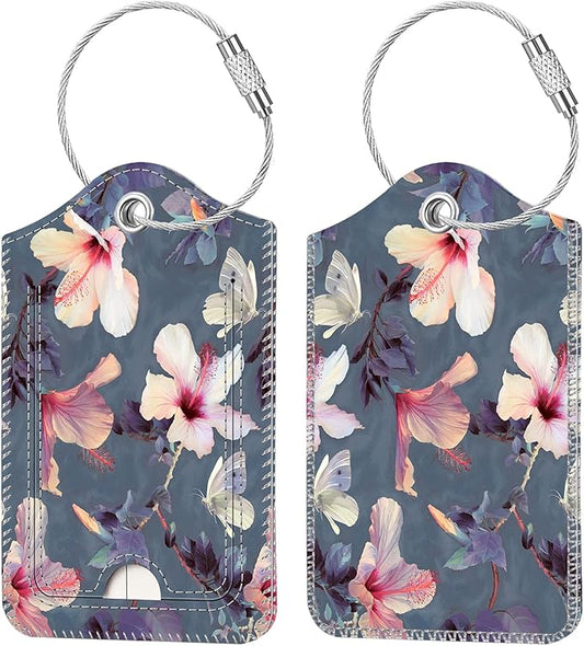 Fintie Luggage Tags, Privacy Cover ID Label with Stainless Steel Loop and Address Card for Travel Bag Suitcase - Blooming Hibiscus (2 Piece)