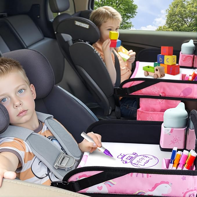 WENRENER 2PCS Kids Travel Tray, Car Seat Tray for kids Travel, Toddler Road Trip Essentials With Drawing Kit, Toddler Lap Desk Organizer for Car, Carseat Table for Airplane