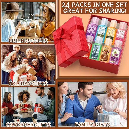 Frienda 24 Pack Mini Scented Hand Sanitizer Bulk Perfume Gel Hand Sanitizer Scented 1 oz Pocket Portable for Teacher Nurse Staff Christmas Stocking Stuffers Homeless Care Package Supplies