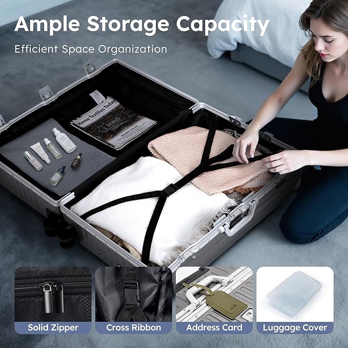 ALPHA CAMP Carry On 20 Inch Luggage, Dual Layer Aluminum Frame with TSA 22x14x9 Airline-Approved，3-Layer PC Hardside Zipperless Lightweight Suitcase，Type-C USB Charging Port, Cup Holder Grey