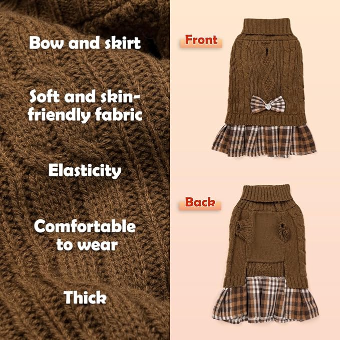 YUDODO Small Dog Sweater Dress with Bowtie Turtleneck - Knitted Pet Girl Dog Winter Clothes - Pet Warm Sweater for Puppy Yorkies, Chihuahua (S Brown)