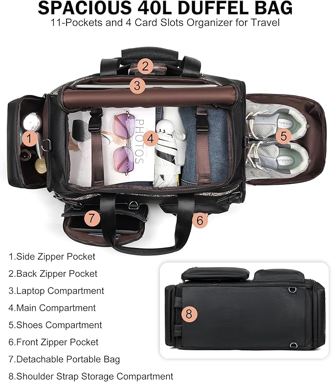 FADEON Duffle Bag for Women, Large Convertible Carry on Overnight Backpack, Designer Leather Mens Weekend Bags for Travel